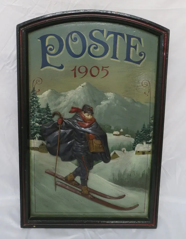 Country Corner Reproduction Painted Wooden Board 'Poste 1905' with postman on skis,