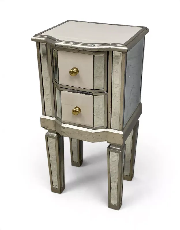 A small mirrored glass and painted two drawer bedside cabinet on square tapering supports. H.68 x