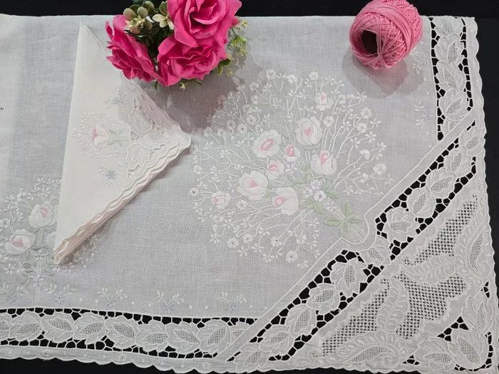 Spettacolare Tovaglia puro lino Bellora 12 posti con ricamo a mano 24 tovaglioli Tablecloth linen - Tablecloth - 285 cm - 170 cm