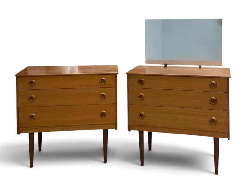A mid century teak bedroom pair of small size: Dressing table with mirror and the matching chest