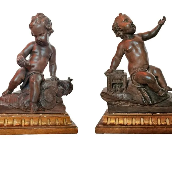 Sculpture, Pareja de amorcillos terracota - 22.5 cm - Wood, Gold plated, Terracotta