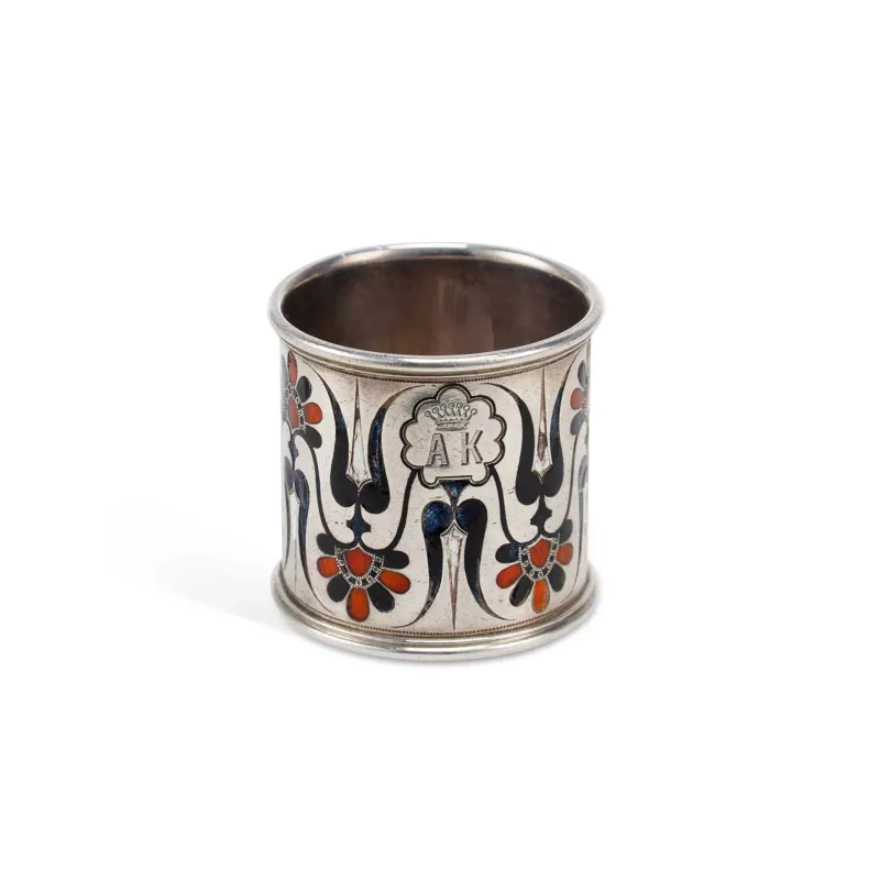 A Russian Silver And Enamel Napkin Ring 19th Century, polychrome enamel inlay in repeating foliate pattern