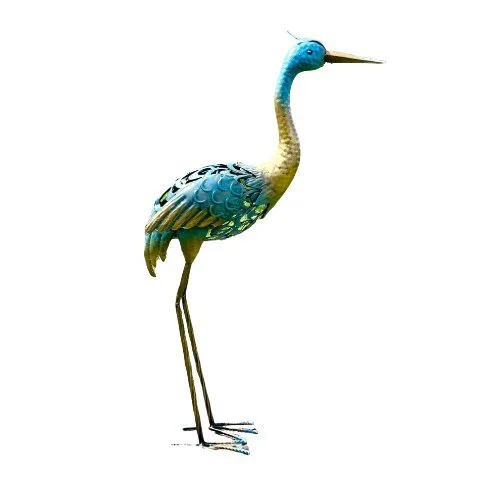 Sculpture, Handcrafted Wrought Iron Blue Crane Garden Sculpture – Colourful Metal Bird Statue for Outdoor Decor - 61 cm - Metal, Paint