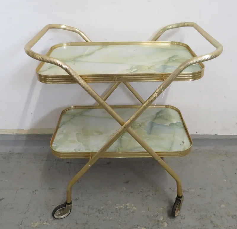 2 Tier Metal Tea Trolley on castors, marble effect tops approx.