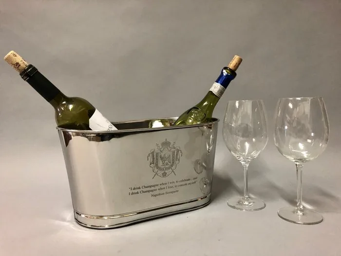 Wine cooler - with engraved text from Lily Bollinger and Napoleon Bonaparte - fits 2 to 3 bottles - Nickel plated