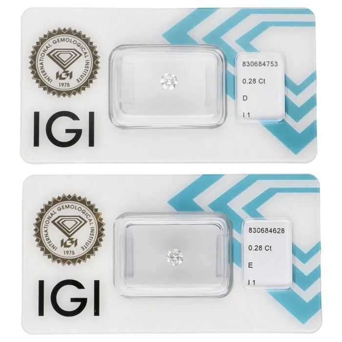 2 pcs Diamond (Natural) - 0.56 ct - Round - E, D (colourless) - I1 - International Gemological Institute (IGI) - Mixed set
