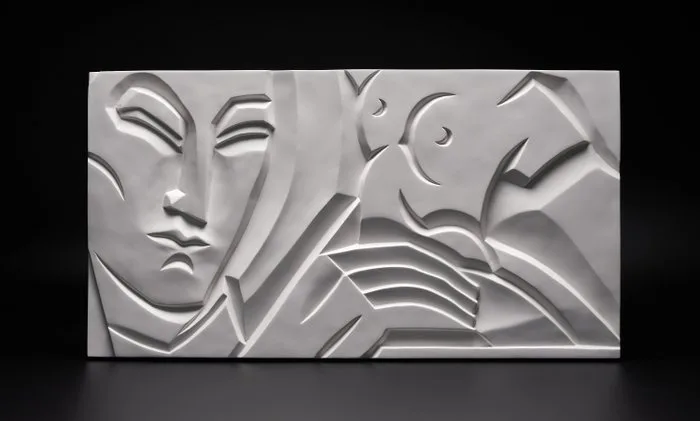 Naar Léon Leyritz (1888–1976) - Relief, Kubistisch Art Deco bas-reliëf uit 'Librairie des Arts Décoratifs, Parijs, 1928' Sculptuur HOMME - 33 cm - porcelain gypsum