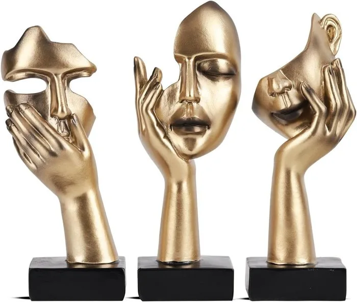Sculpture, Set of Three Abstract Thinker Face Sculptures – Contemporary Gold Decorative Art Collection - 16 cm - Resin