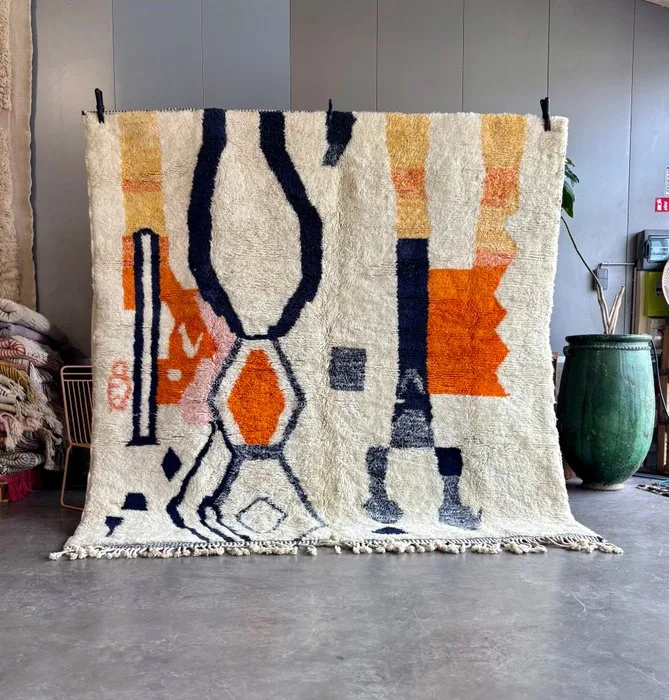 White and Orange Moroccan rug, Authentic Moroccan rug - Rug - 250 cm - 250 cm