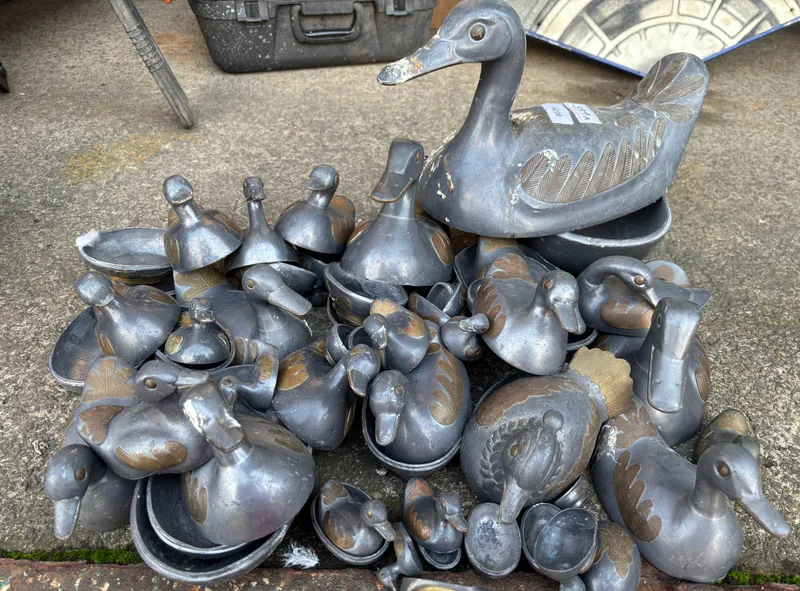 Large amount of Vintage Pewter Ducks, in Russian doll-type/trinket box format, A/f somewhat dirty