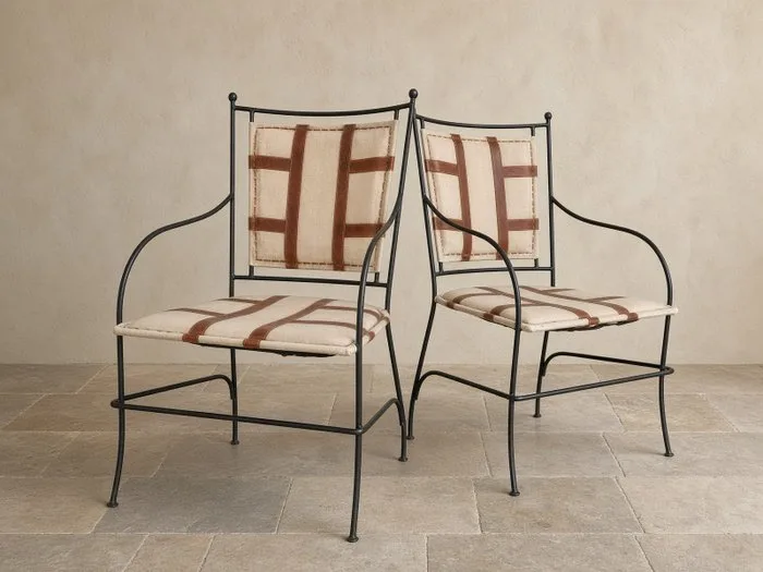 Chair (2) - A Pair of Mid-Century Style Wrought Iron and Saddle Leather "Tela" Dining Armchairs by Casamidy - Leather, Wrought iron