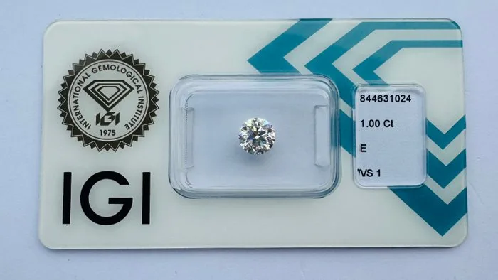 1 pcs Diamond (Natural) - 1.00 ct - Round - E - VS1 - International Gemological Institute (IGI) - *None*