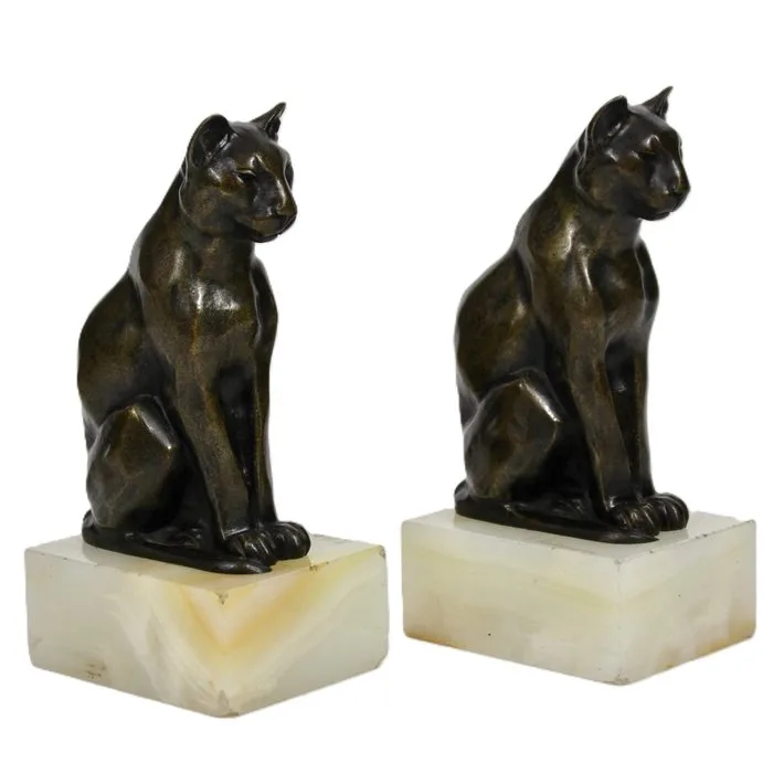 Oscar Waldmann (1856-1937) - Bookends (2) - Bronze onyx pedestal - Two sitting cats