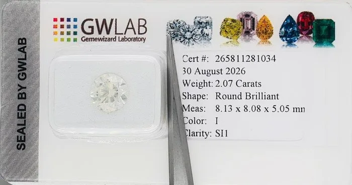 1 pcs Diamond (Natural) - 2.07 ct - Round - I - SI1 - Gemewizard Gemological Laboratory (GWLab)