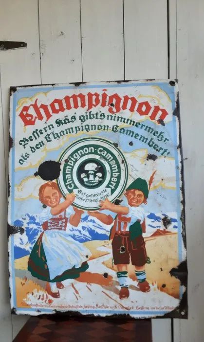 Emaillerie Boos & Hahn - advertising billboard for the Champignon Camembert brand. - Advertising sign - Enamel