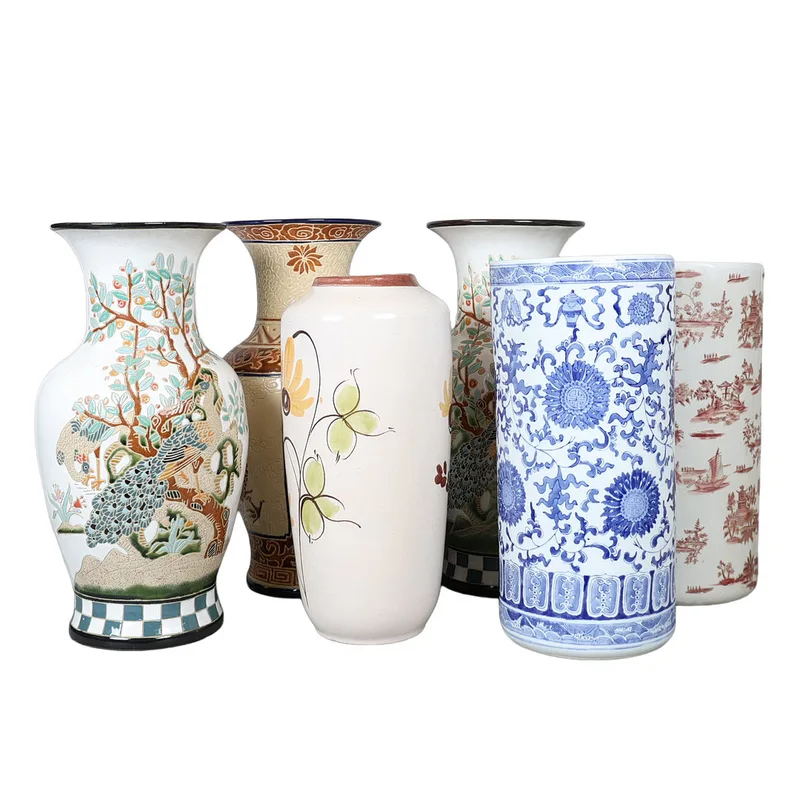 Two Porcelain Stick Stands, a Pair of Tall Chinese Vases and Two Other Vases (6)