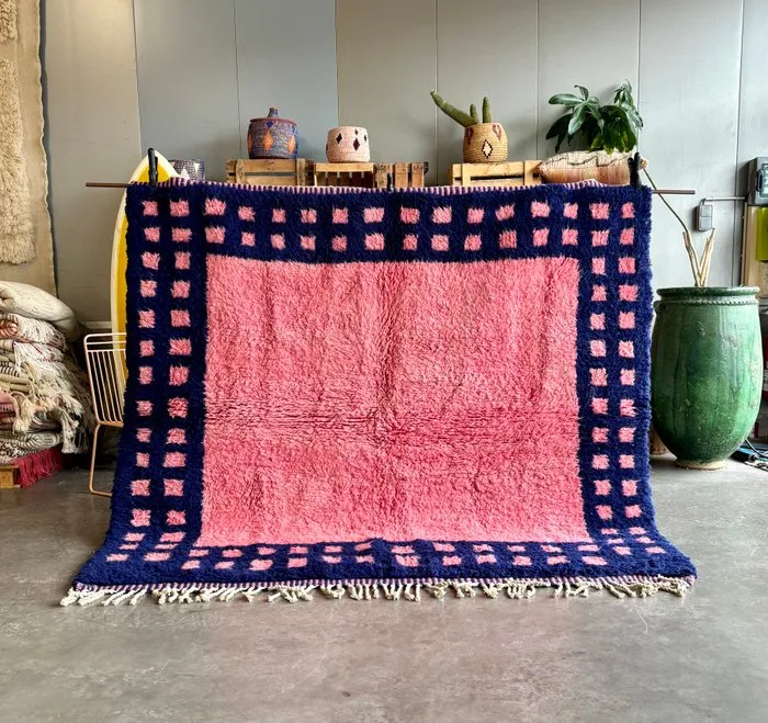 Moroccan Mrirt Berber Rug – Hand-Knotted Wool – Pink & Navy Blue Geometric Design - Rug - 220 cm - 210 cm