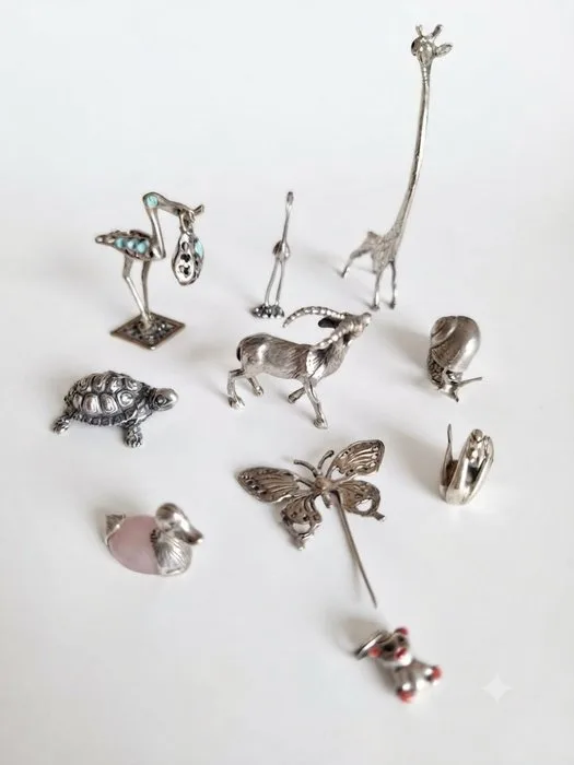 Figure - Miniature animali in argento (Giraffa, Cigno, Lumaca, Cicogna, Tartaruga e altri) (10) -.800 silver,.925 silver