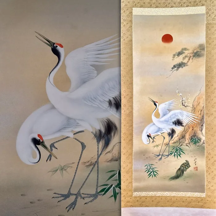 Sugawara Jogaku 菅原如学 – Twin Cranes with Pine, Plum and Bamboo – Hand-painted Silk Hanging Scroll – - Paper, Silk, Wood - Sugawara Jogaku 菅原如学 - Japan - Shōwa period (1926-1989)