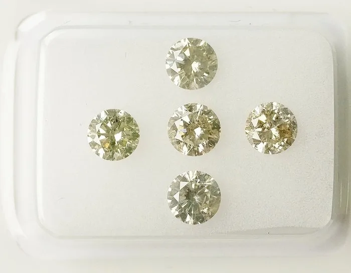 5 pcs Diamond (Natural) - 1.26 ct - Round - I1 - Gem Report Antwerp (GRA) - very light to light grayish yellow I1-I2