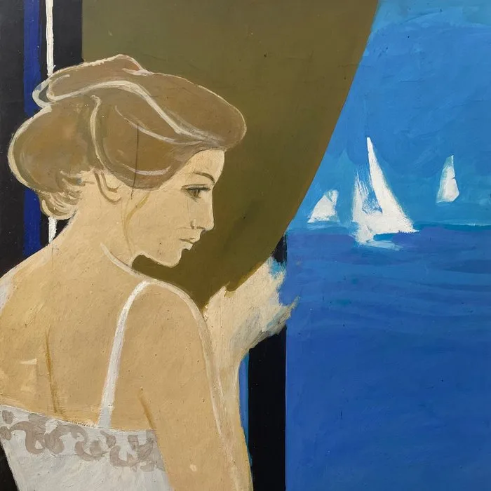 Yves Ganne (1931-2019) - Jeune femme à la fenêtre face à la mer et aux voiliers