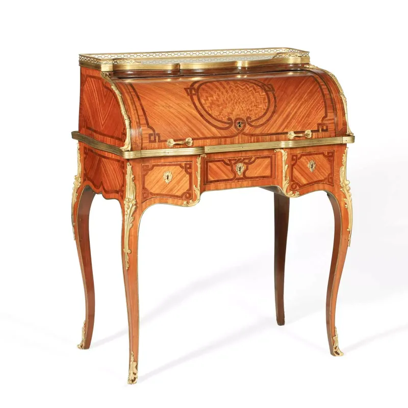 A French Transitional Style Bois Satiné, Palisander, Parquetry and Gilt-Bronze Mounted Bureau à Cylindre Late 19th Century