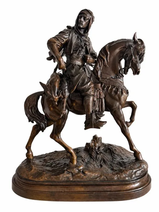 D'après Émile Guillemin (1841–1907) & Alfred Barye (1839–1882) - Sculpture, Cavalier arabe revenant de la chasse - 62 cm - Bronze