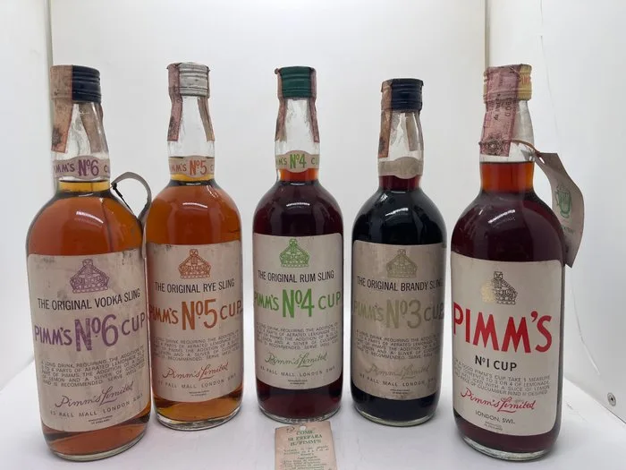 Pimm’s - Number 1 Gin, 3 Brandy, 4 Rum, 5 Rye + 6 Vodka - b. 1970s - 75cl - 5 bottles