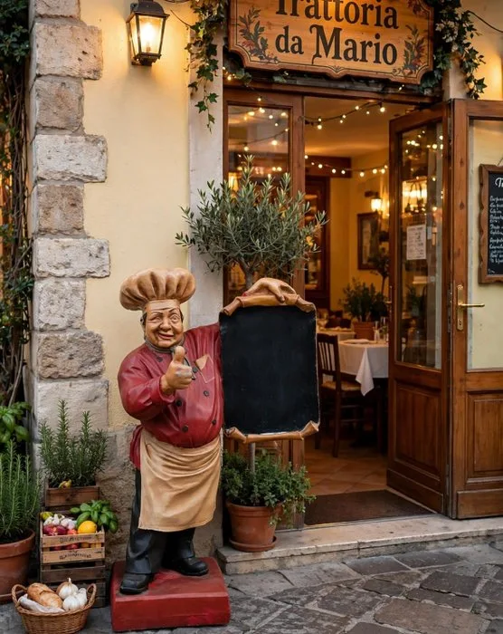 Italian chef with a chalkboard for the menu - Advertising sign - hand-painted resin or fiberglass