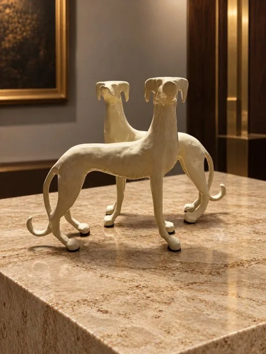 Sculpture, Set van 2 windhonden – ivoorkleurig metaal – Art Deco-stijl - 17 cm - Metal