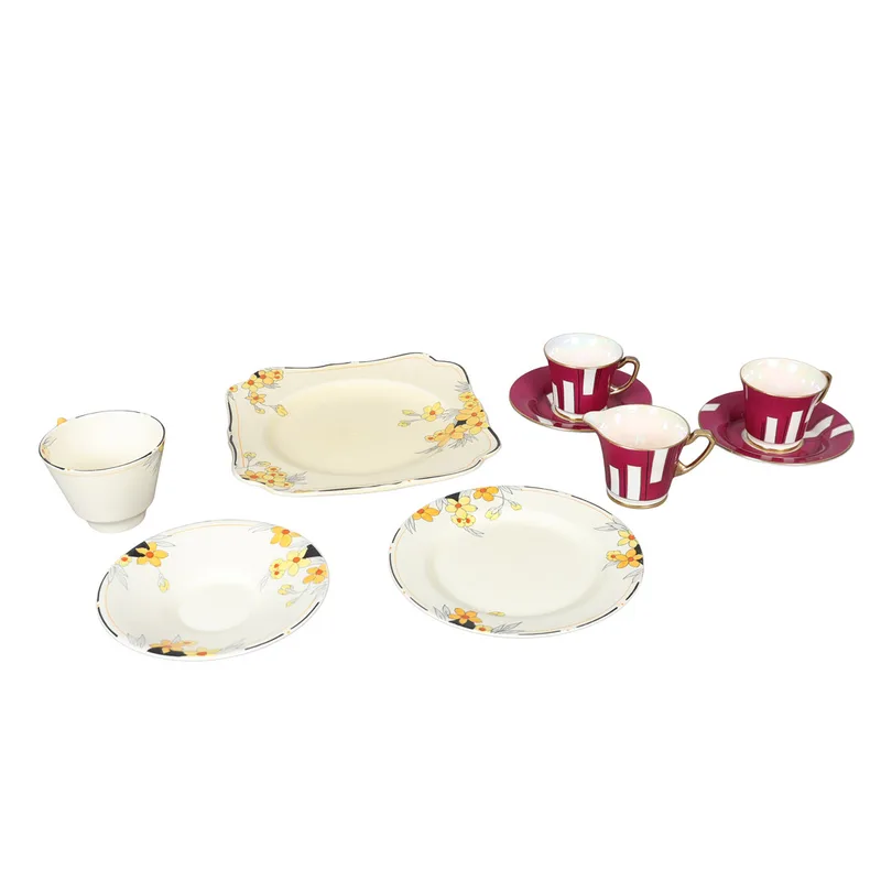 A Crown Devon Coffee Set for Two and a Crown Ducal 'Sunburst' Pattern Trio and Plate (Qty)