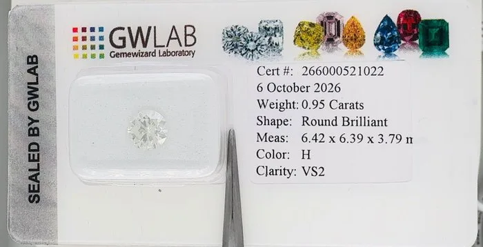 1 pcs Diamond (Natural) - 0.95 ct - Round - H - VS2 - Gemewizard Gemological Laboratory (GWLab)