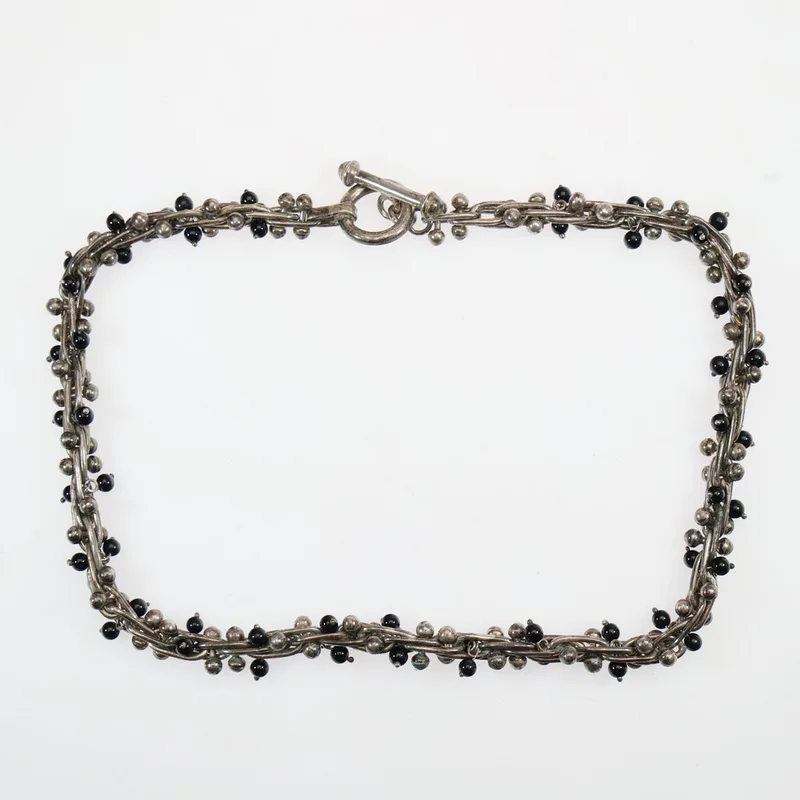 1960's Mexican 925 Silver Choker Necklace in a Woven Chain Link Style Studded with Silver and Black Onyx ''Peppercorn'' Beads, 87.1 Grams