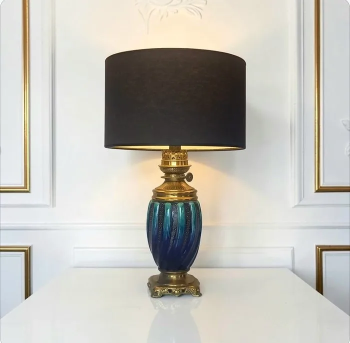 Lamp - Antique - In the style of Théodore Deck - Glazed faience, bronze, and gilded brass