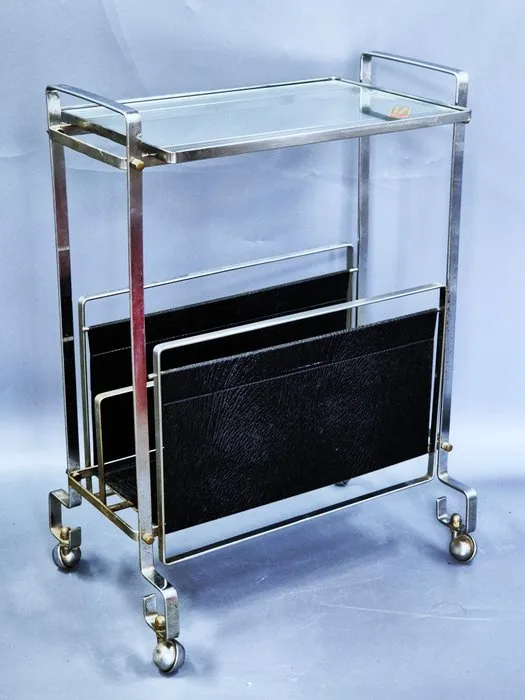Serving trolley - Wood - Vintage serving cart and side table – chrome & crystal glass