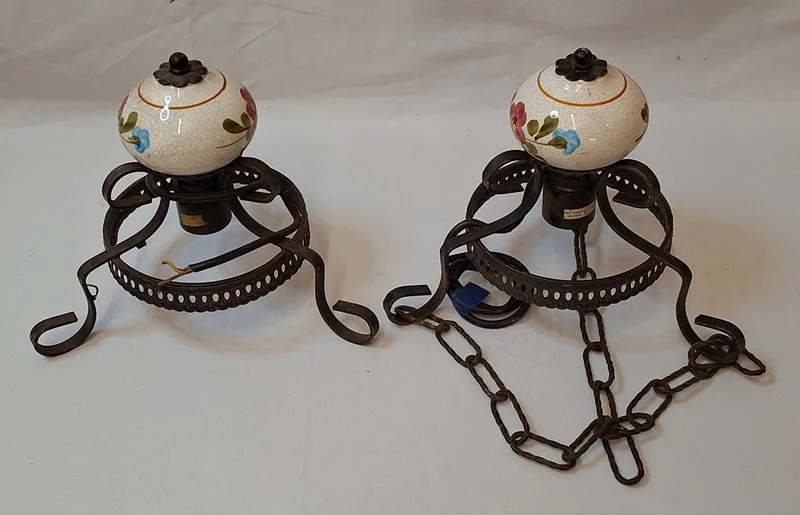 Pair Ceiling Light Fittings with ceramic decoration & metal hangers (1 with no chain) approx.