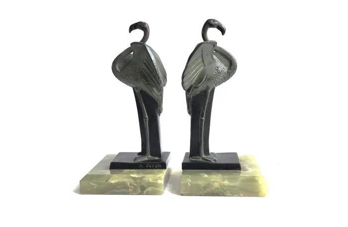 Adam Feron - Bookends (2) - Flamingos - bronze and onyx