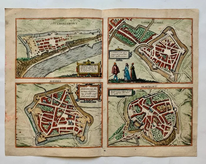 France - Charlemont, Landrecy, Avesnes, and Beaumont; Georg Braun & Frans Hogenberg - Carlomontium/ Landrecium Aveniae / Bellomontium. - 1561-1580