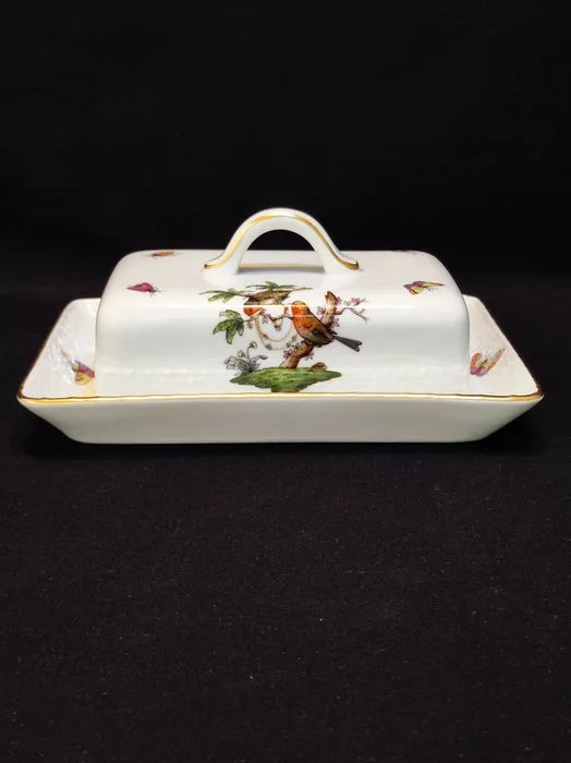 Herend - Butter dish - 389/RO rechteckige Deckelschale 17,5x12,0x7,5 cm Rothschild mit Goldrand - Porcelain