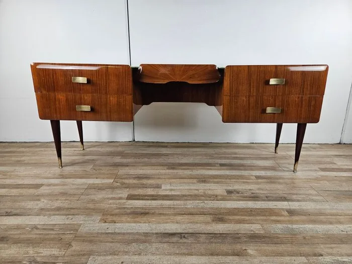 Credenza - Mahogany credenza or desk with a glass top. - Brass, Mahogany, Wood, Glass, Burrwood