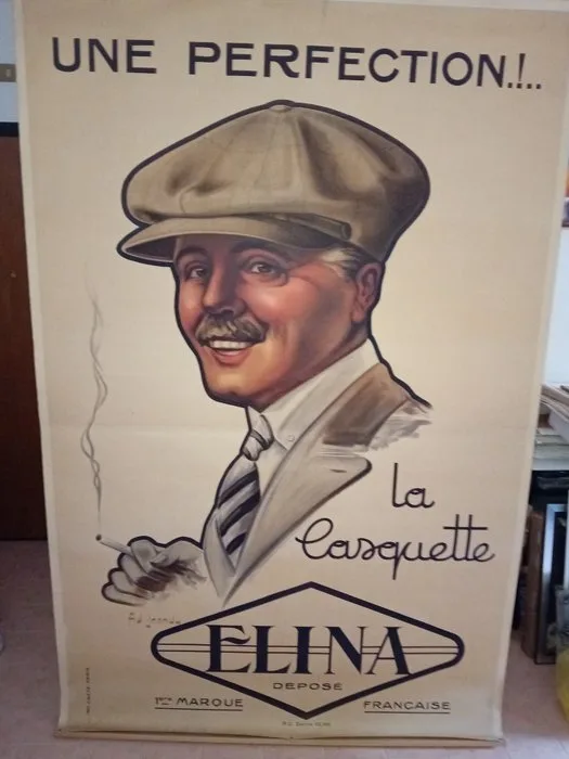 Ad Jandy - ELINA LA CASQUETTE original 1915 french affiche Oversize hat poster men fashion Manifesto cappello