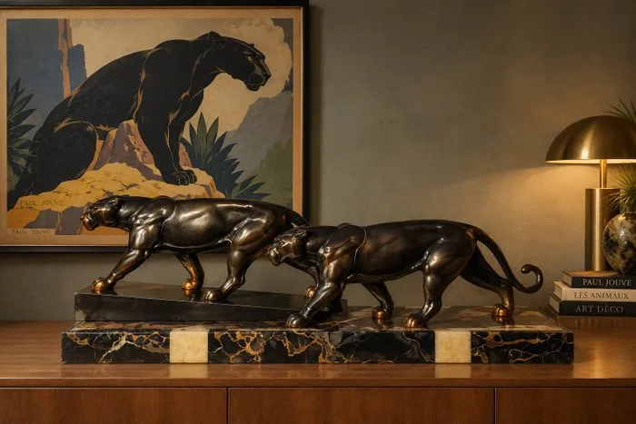 Alexander Ouline - Sculpture, Dos panteras en marcha - 20 cm - Marble, Spelter - 1930