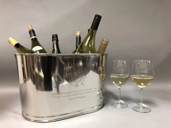 Wine cooler - Nickel Plated - with engraved text from Napoleon Bonaparte and Bollinger - fits 8 bottles