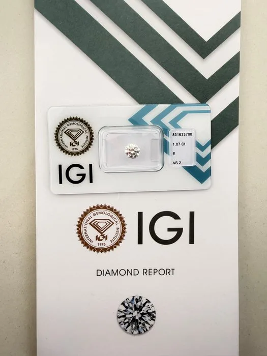 1 pcs Diamond (Natural) - 1.07 ct - Round - E - VS2 - International Gemological Institute (IGI)