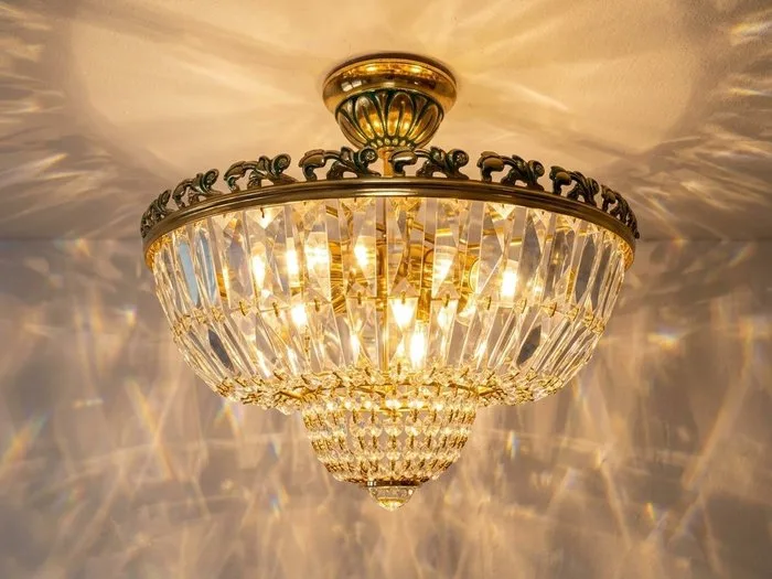Hanging lamp - Vintage brass ceiling lamp with carved crystal / Empire-style chandelier ceiling light - Crystal, Metal, A cascade of tears, Brass