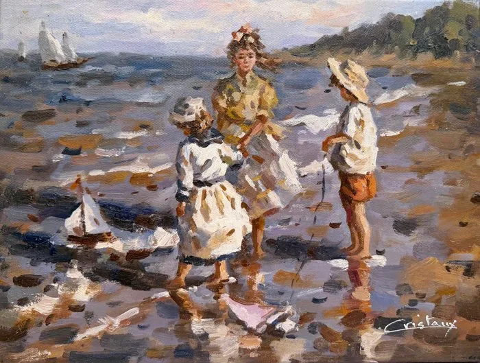 Francis Cristaux (1950) - Enfants aux Petits Voiliers ~ Plage Normande ~ Trouville