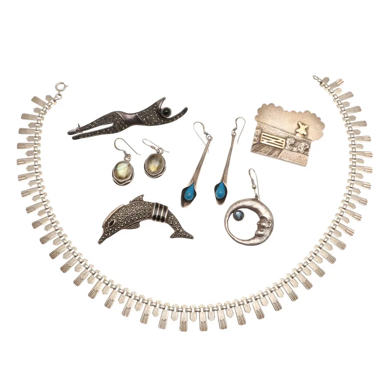 A Silver Fringe Necklace, Three Brooches, Pair Earrings