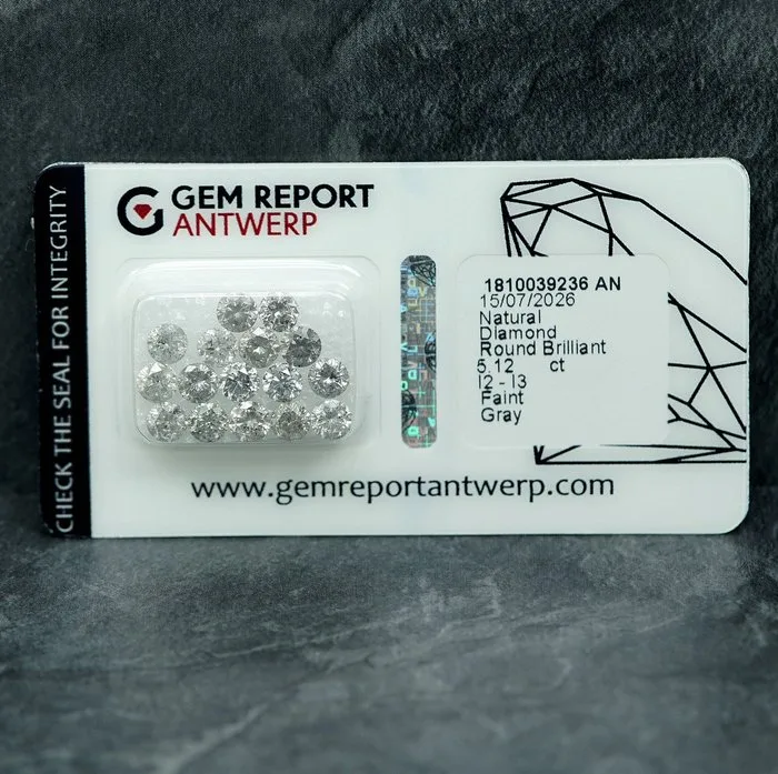 16 pcs Diamond (Natural coloured) - 5.12 ct - Round - Faint Grey - I2, I3 - Gem Report Antwerp (GRA)
