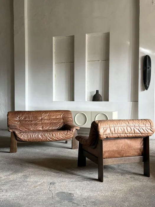 Seating group (2) - Leather, Oak, Cognac - Armchairs & Sofa Set