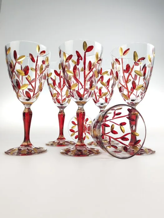 Secoloventesimo - Chalice (6) - Leaves red 'n golden chalice - Enamel, Crystal - NO-lead Crystal
